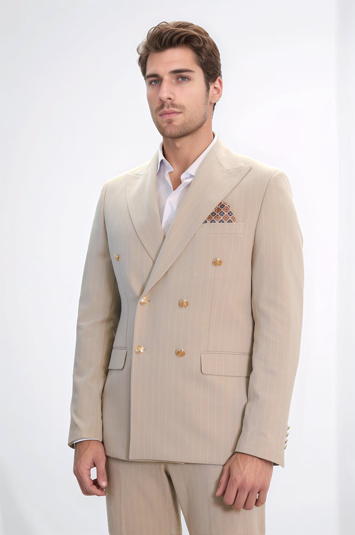 Pinstripe Double Breasted Men’s Cream Suit with Silver Button Details - Wessi