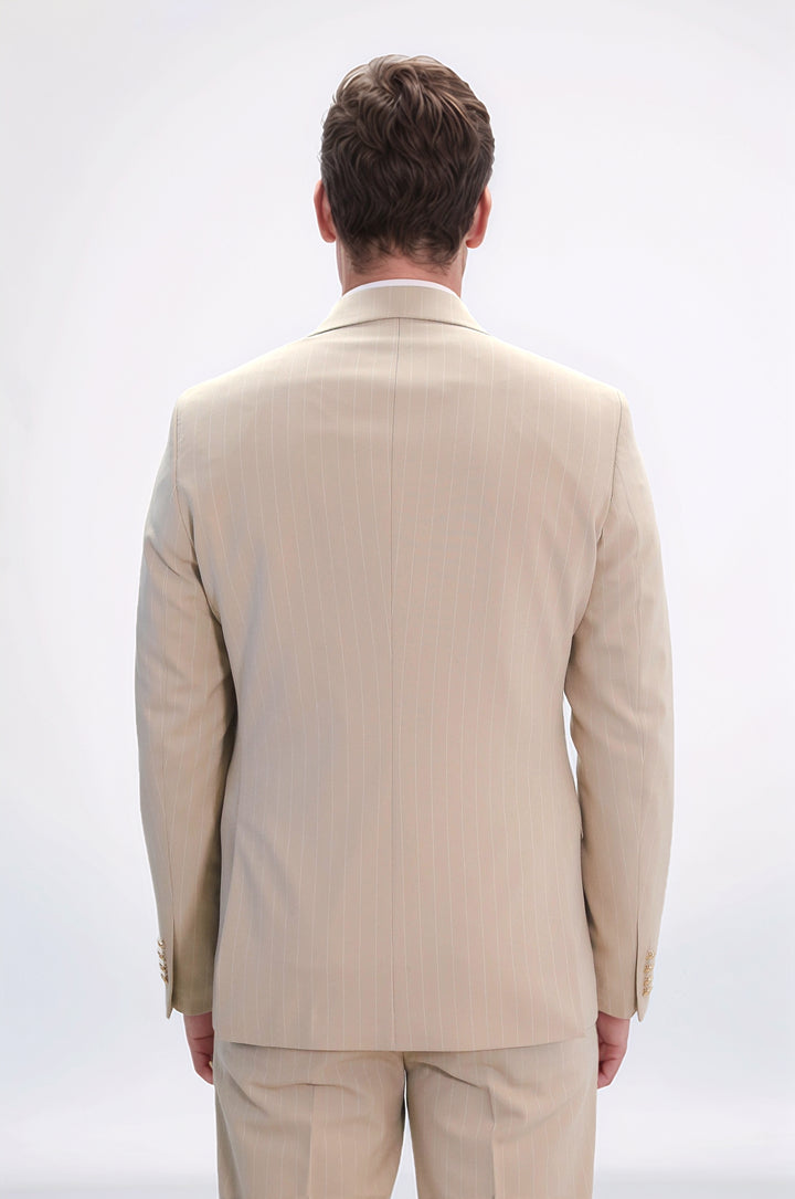 Pinstripe Double Breasted Men’s Cream Suit with Silver Button Details - Wessi