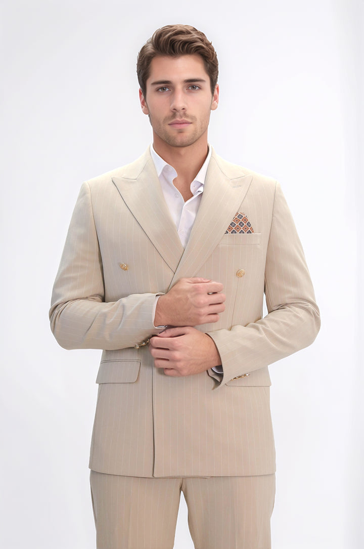 Pinstripe Double Breasted Men’s Cream Suit with Silver Button Details - Wessi