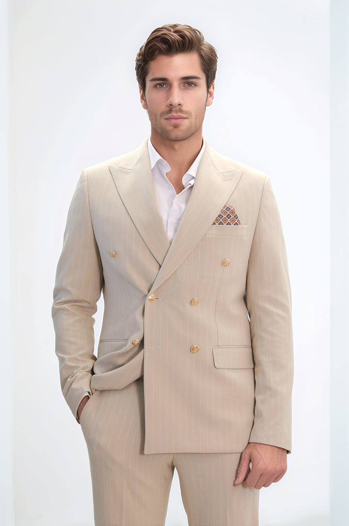 Pinstripe Double Breasted Men’s Cream Suit with Silver Button Details - Wessi