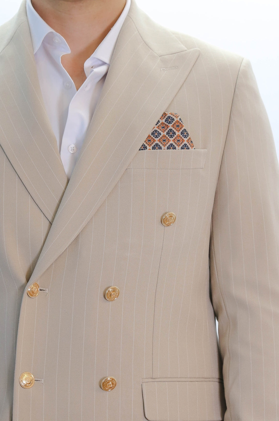 Pinstripe Double Breasted Men’s Cream Suit with Silver Button Details - Wessi
