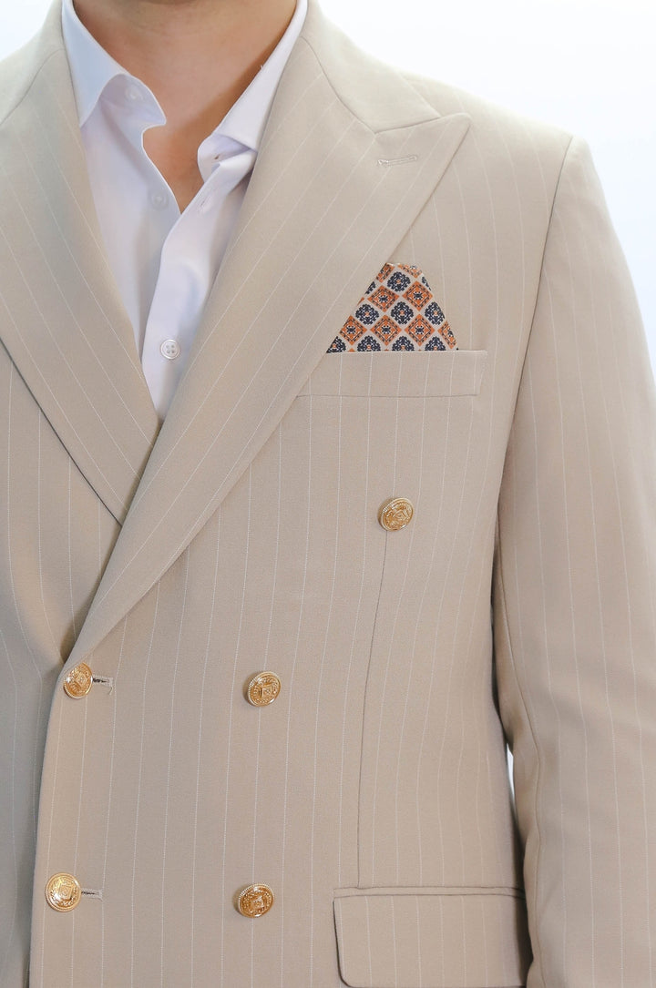 Pinstripe Double Breasted Men’s Cream Suit with Silver Button Details - Wessi