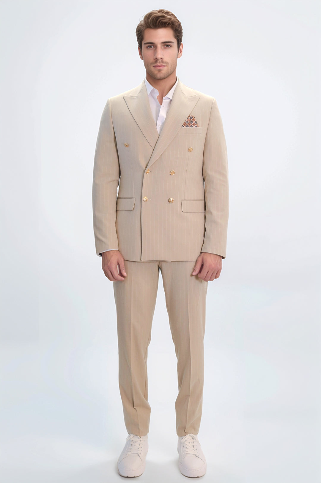 Pinstripe Double Breasted Men’s Cream Suit with Silver Button Details - Wessi