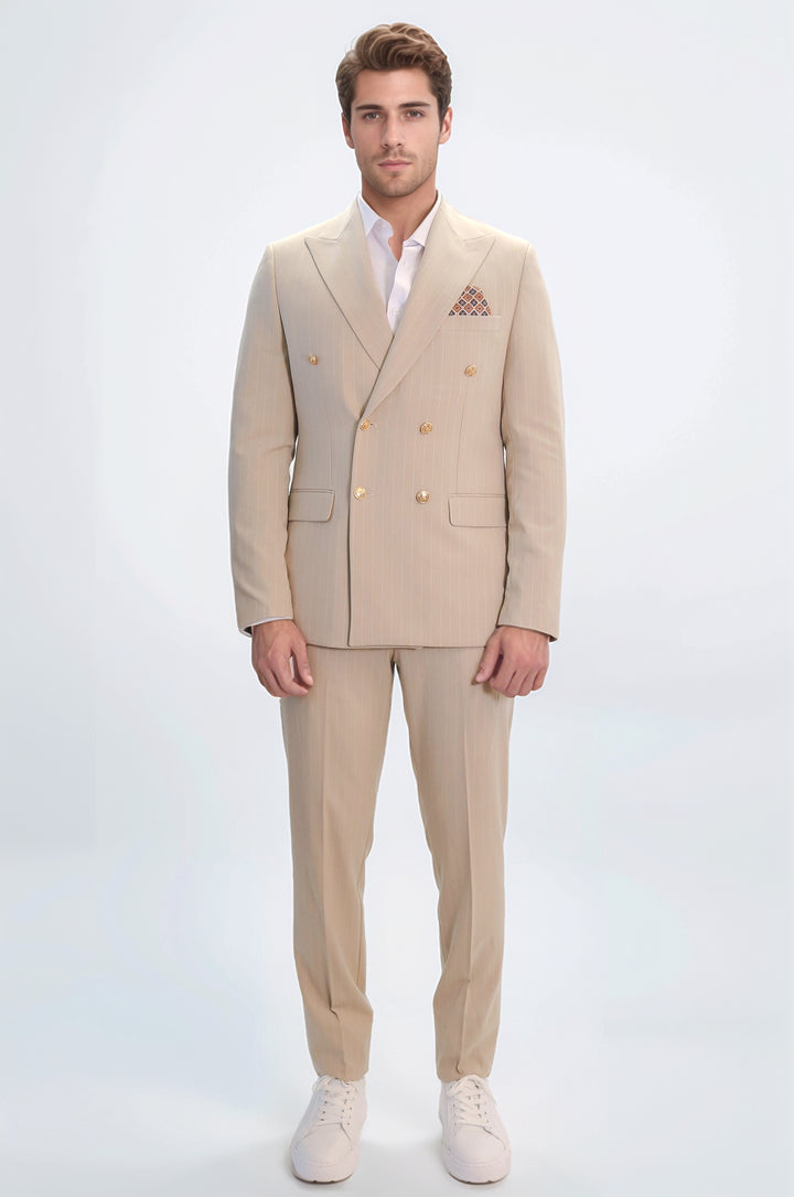 Pinstripe Double Breasted Men’s Cream Suit with Silver Button Details - Wessi