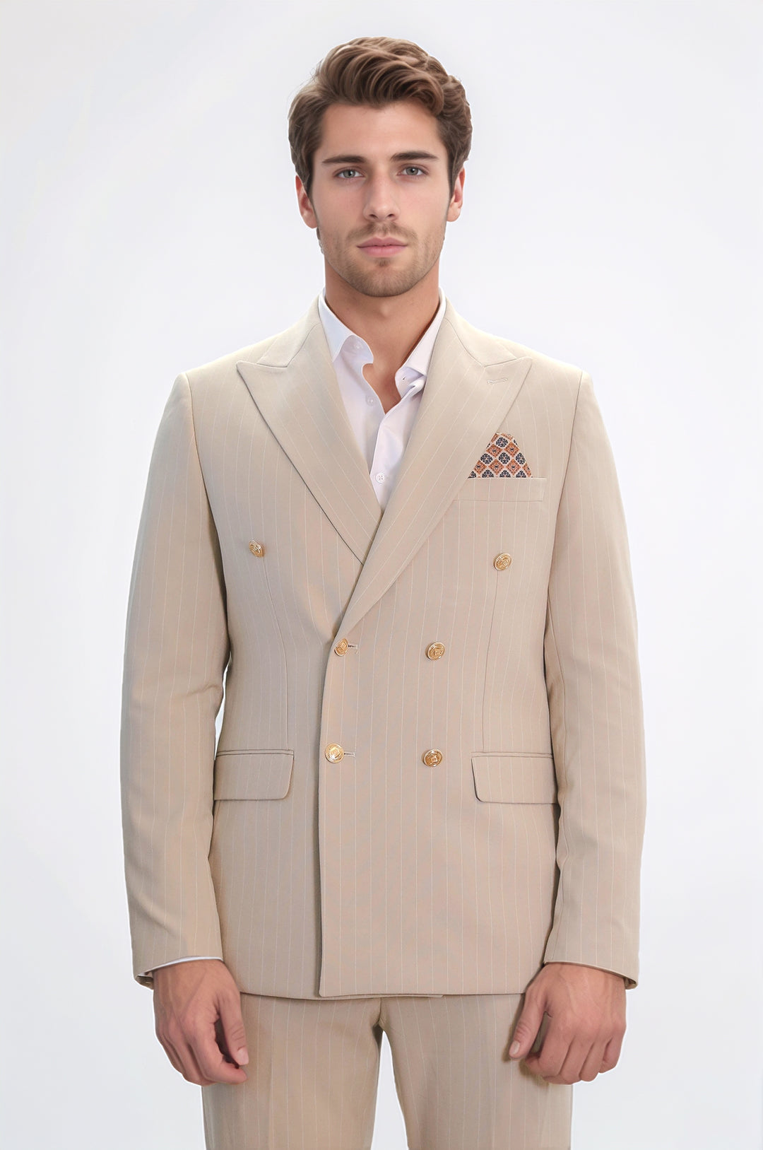 Pinstripe Double Breasted Men’s Cream Suit with Silver Button Details - Wessi