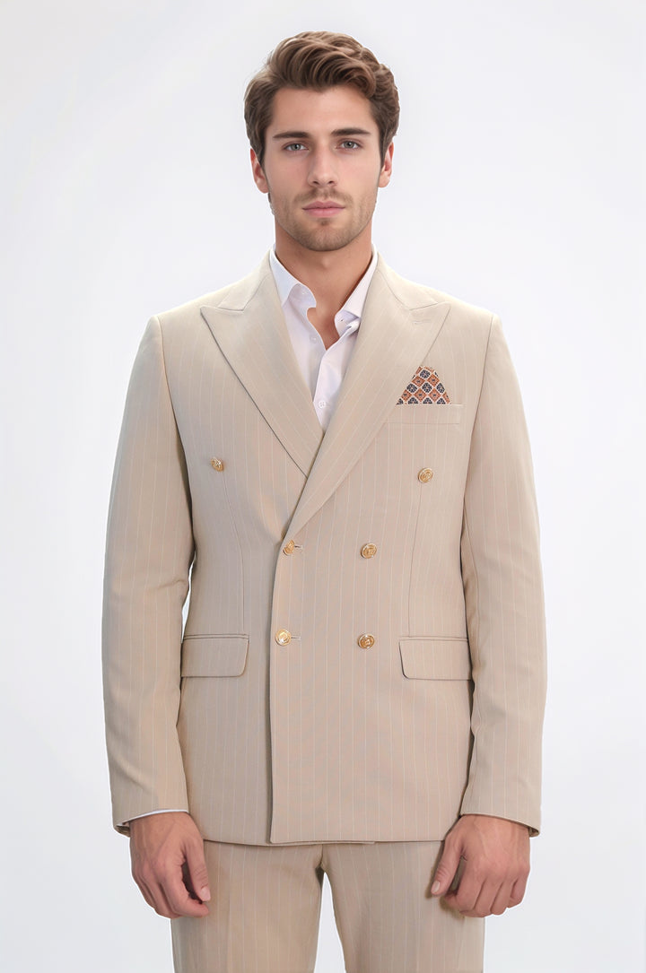 Pinstripe Double Breasted Men’s Cream Suit with Silver Button Details - Wessi