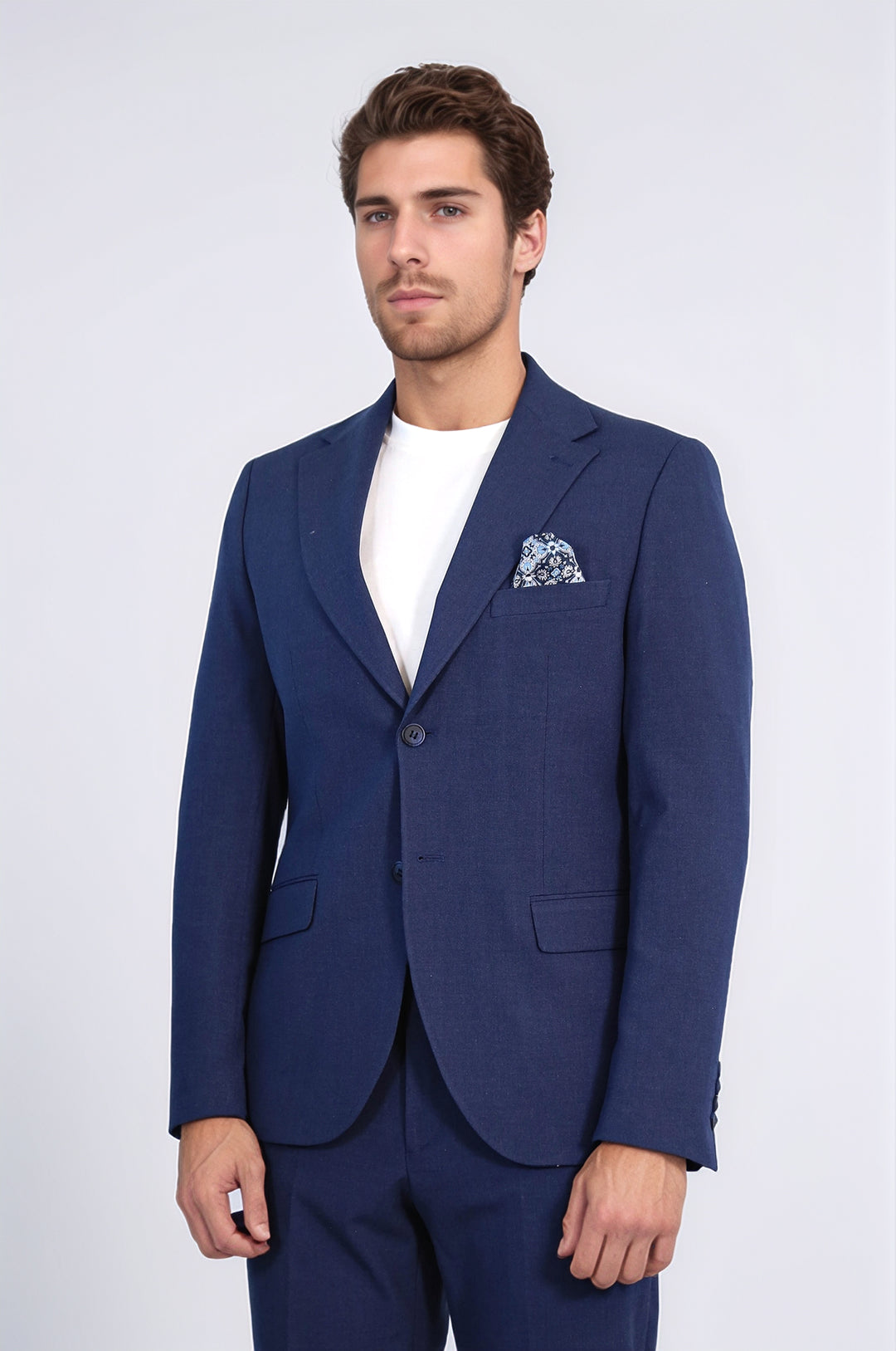 Navy Blue Slim Fit Two-Button Linen Men’s Suit - Wessi