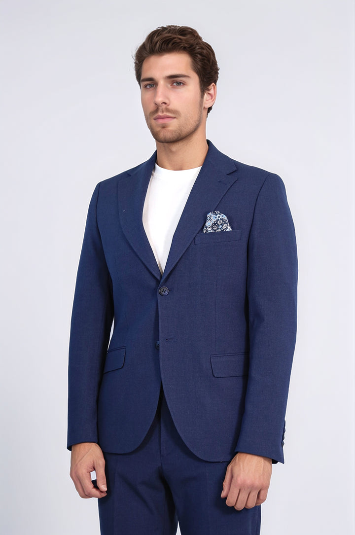 Navy Blue Slim Fit Two-Button Linen Men’s Suit - Wessi