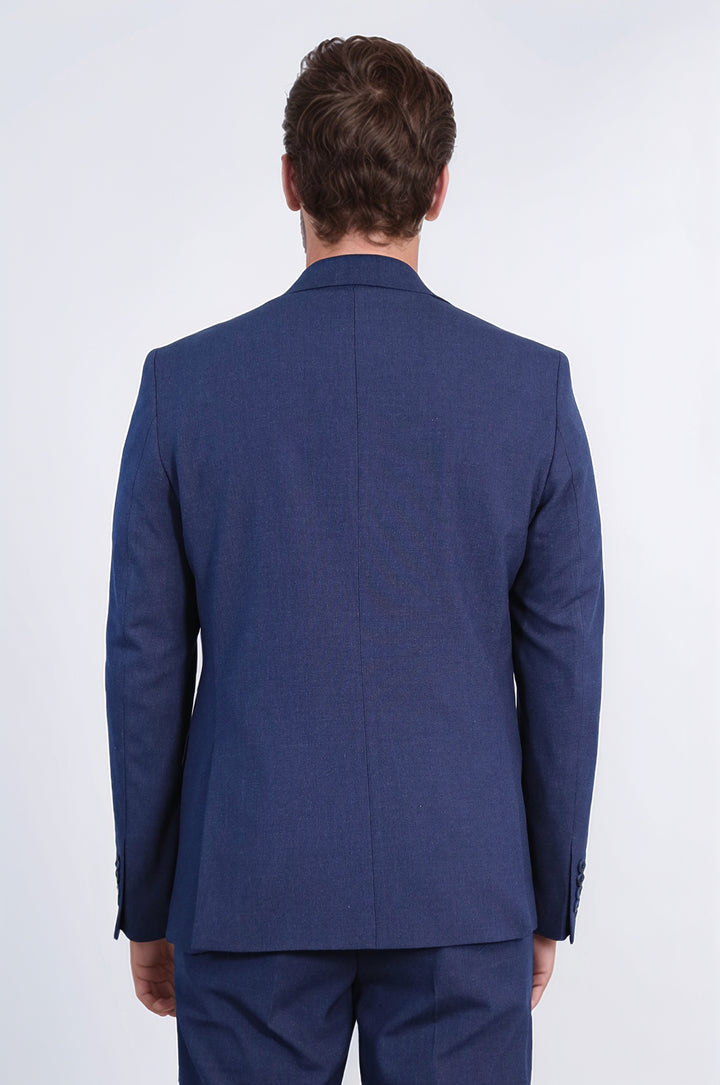 Navy Blue Slim Fit Two-Button Linen Men’s Suit - Wessi