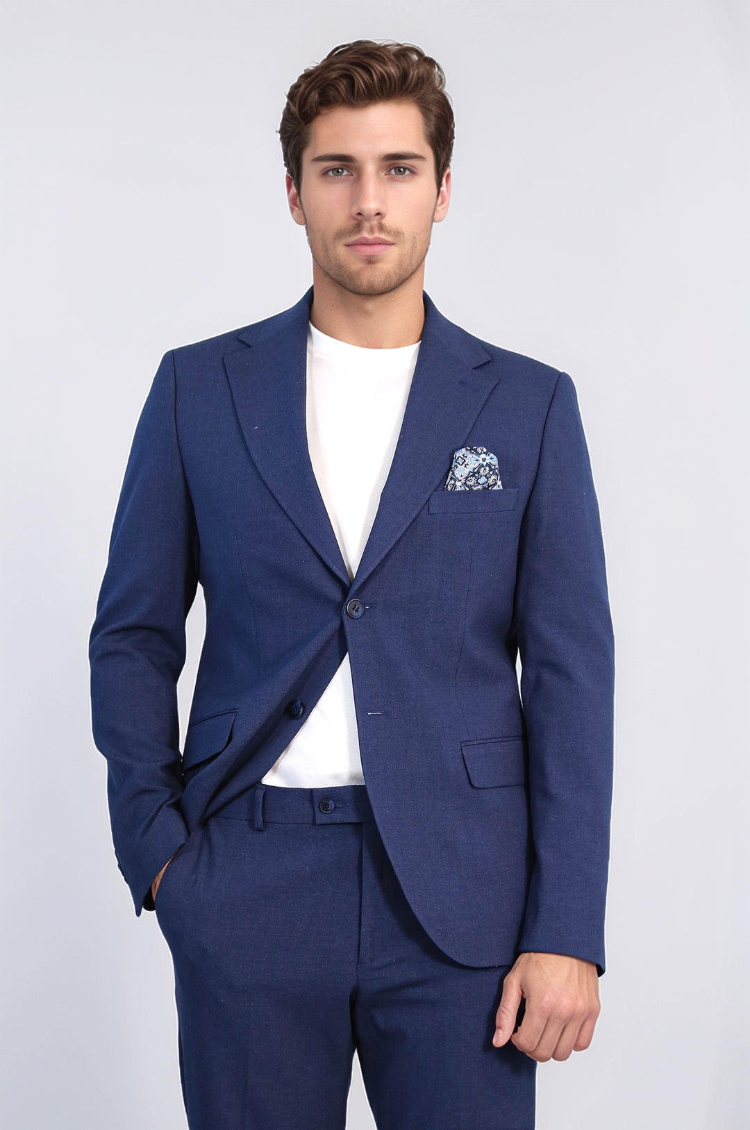Navy Blue Slim Fit Two-Button Linen Men’s Suit - Wessi