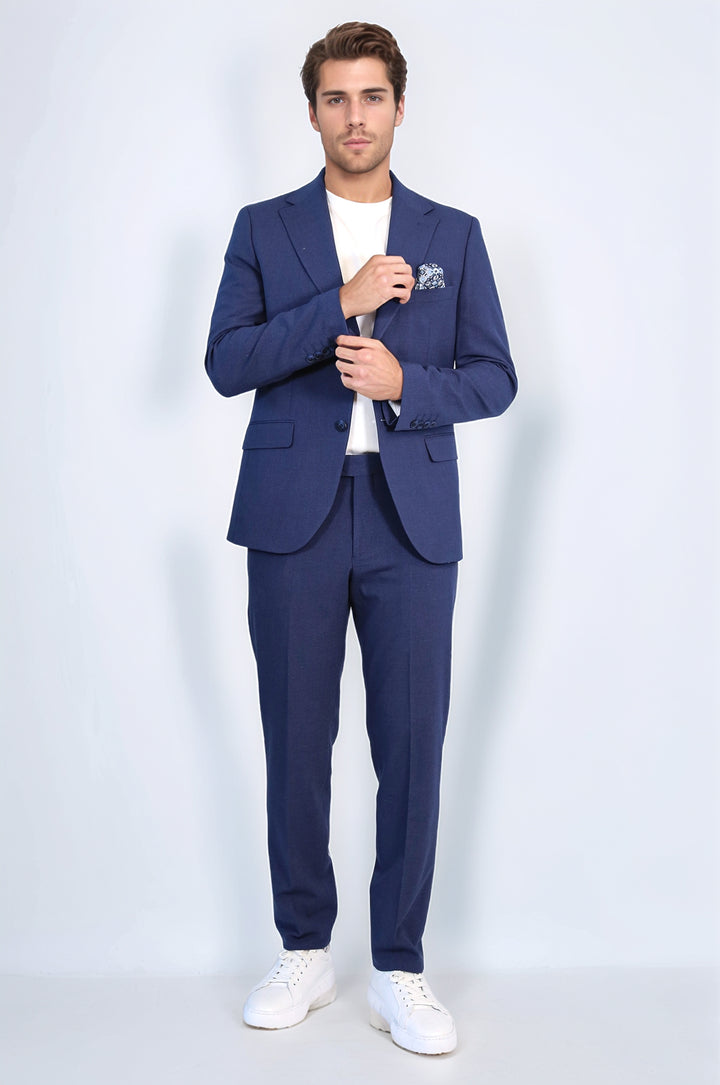 Navy Blue Slim Fit Two-Button Linen Men’s Suit - Wessi