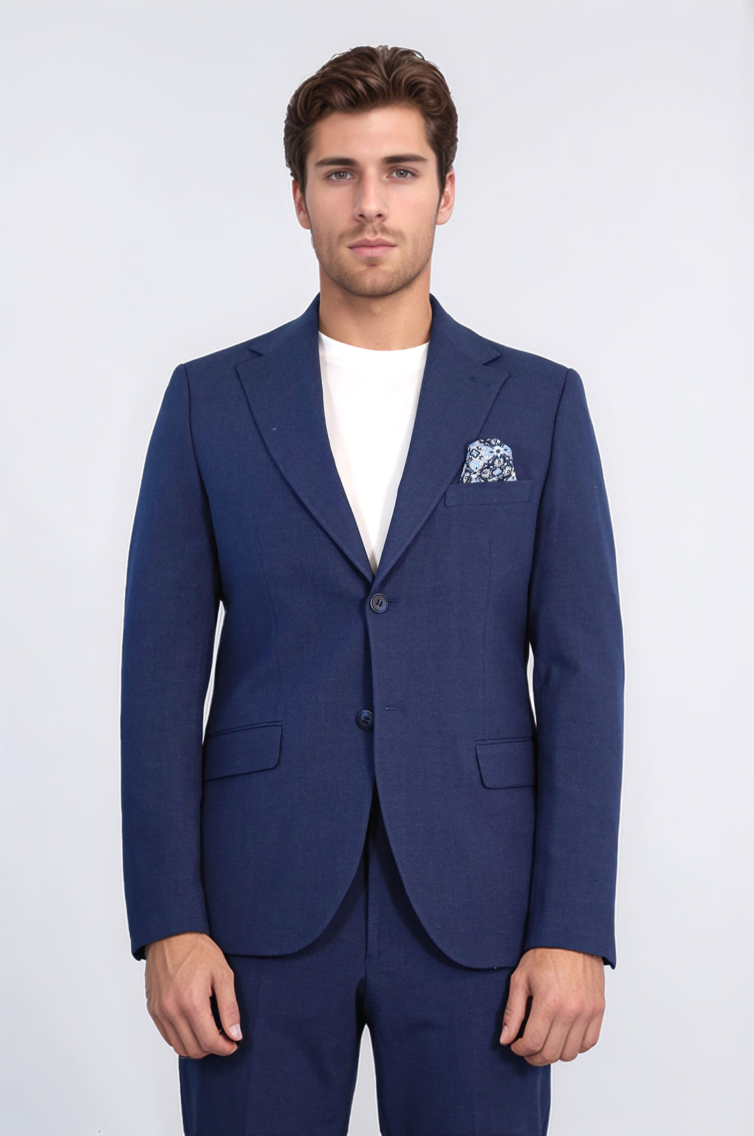 Navy Blue Slim Fit Two-Button Linen Men’s Suit - Wessi