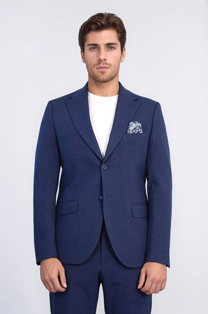 Navy Blue Slim Fit Two-Button Linen Men’s Suit - Wessi