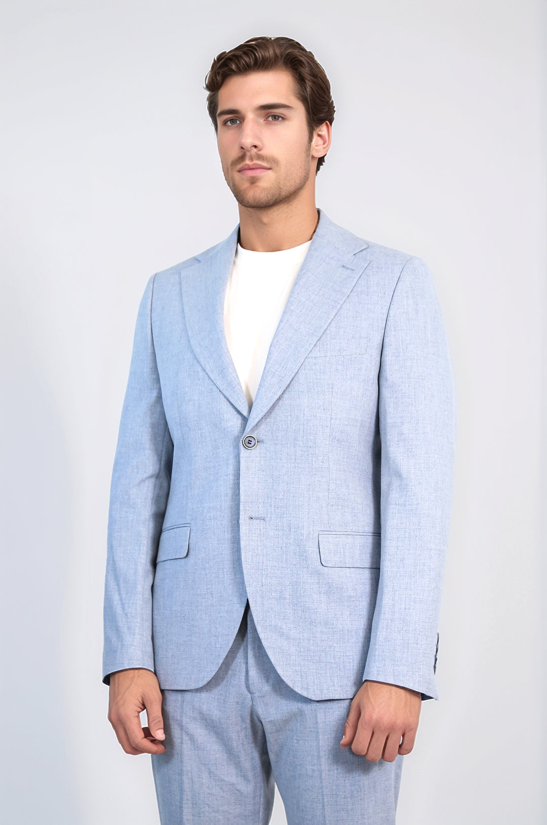 Ice Blue Slim Fit Two-Button Linen Men’s Suit - Wessi