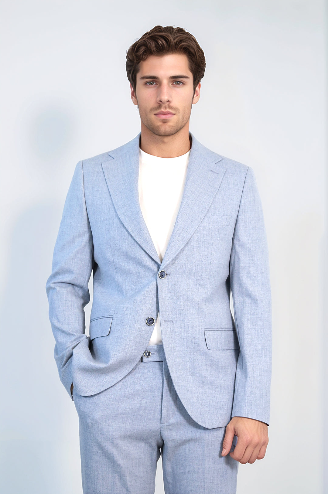 Ice Blue Slim Fit Two-Button Linen Men’s Suit - Wessi
