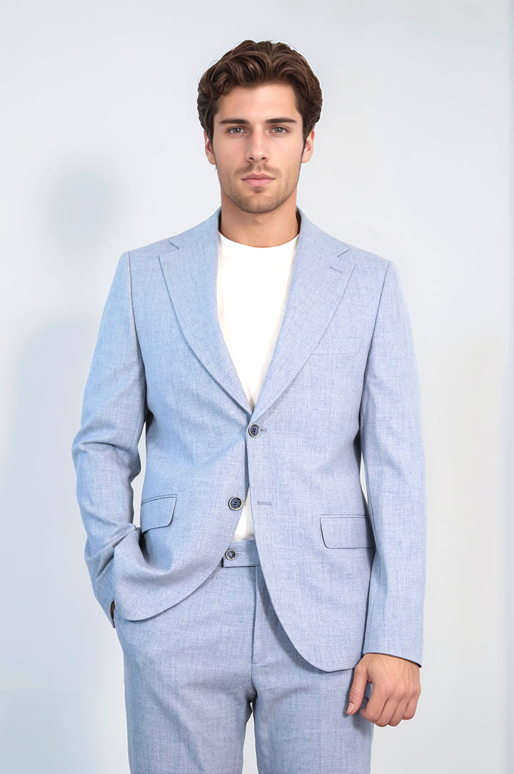 Ice Blue Slim Fit Two-Button Linen Men’s Suit - Wessi
