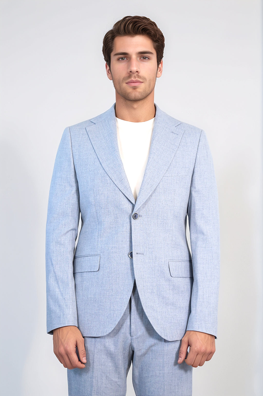 Ice Blue Slim Fit Two-Button Linen Men’s Suit - Wessi