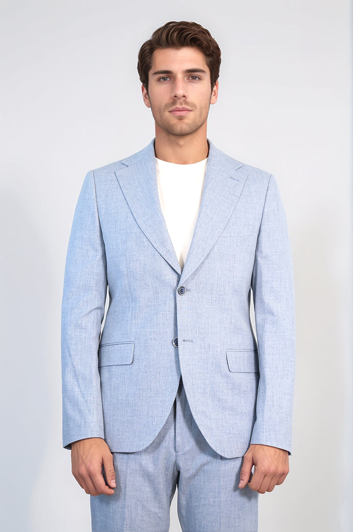 Ice Blue Slim Fit Two-Button Linen Men’s Suit - Wessi