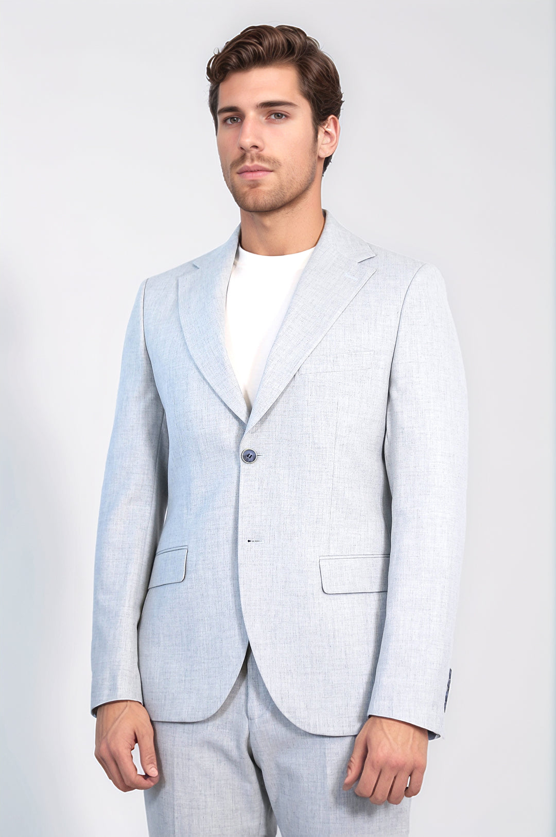 Light Blue Slim Fit Two-Button Linen Men's Suit - Wessi