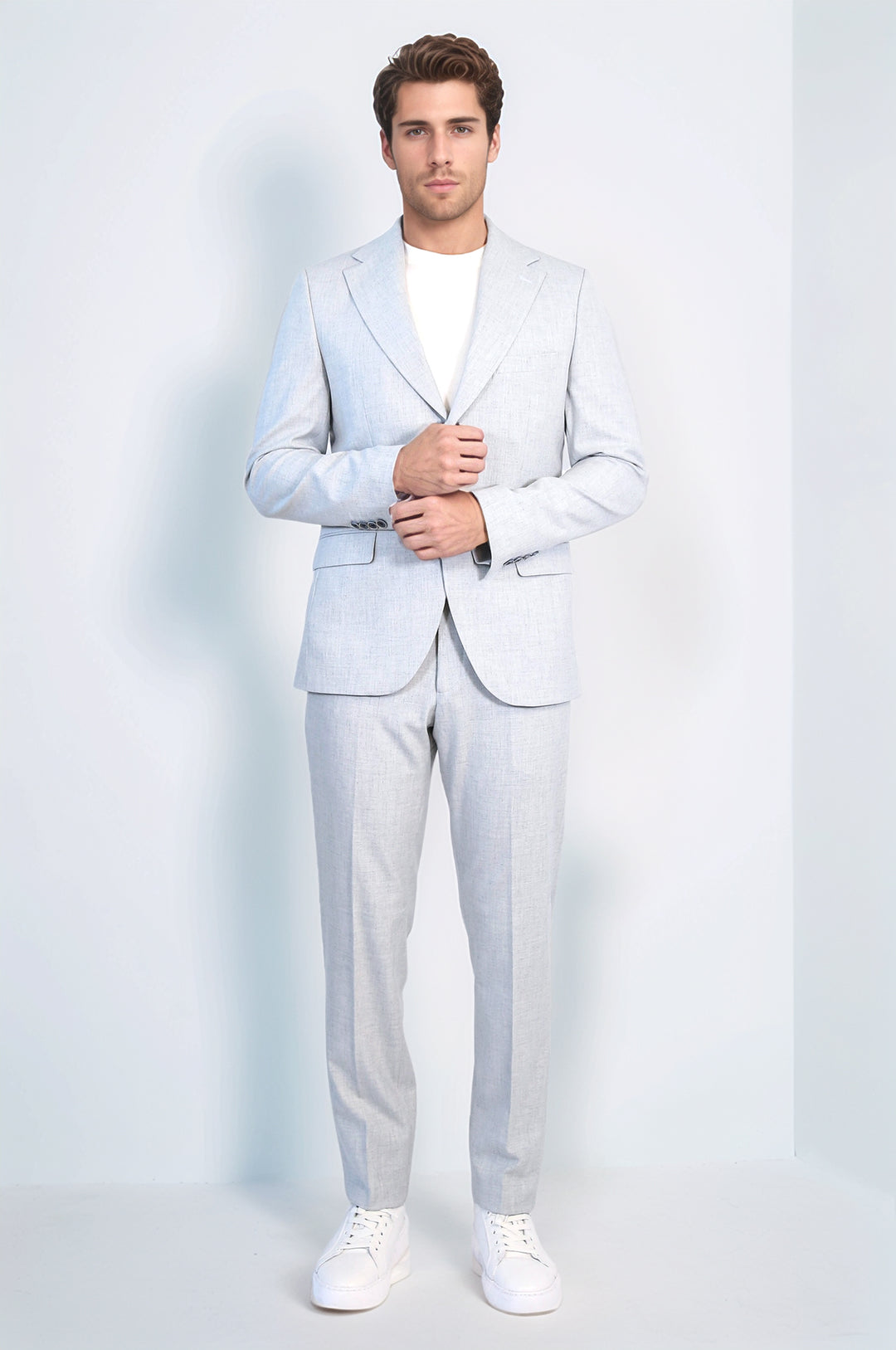 Light Blue Slim Fit Two-Button Linen Men's Suit - Wessi