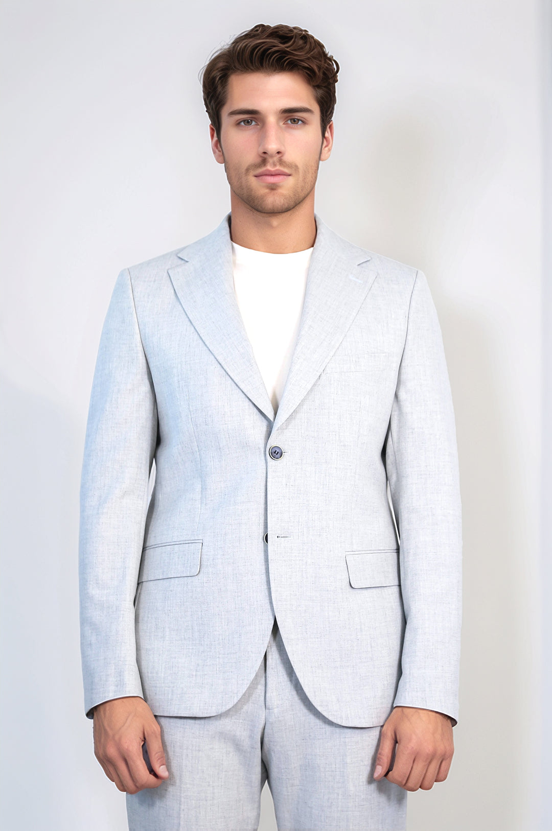 Light Blue Slim Fit Two-Button Linen Men's Suit - Wessi