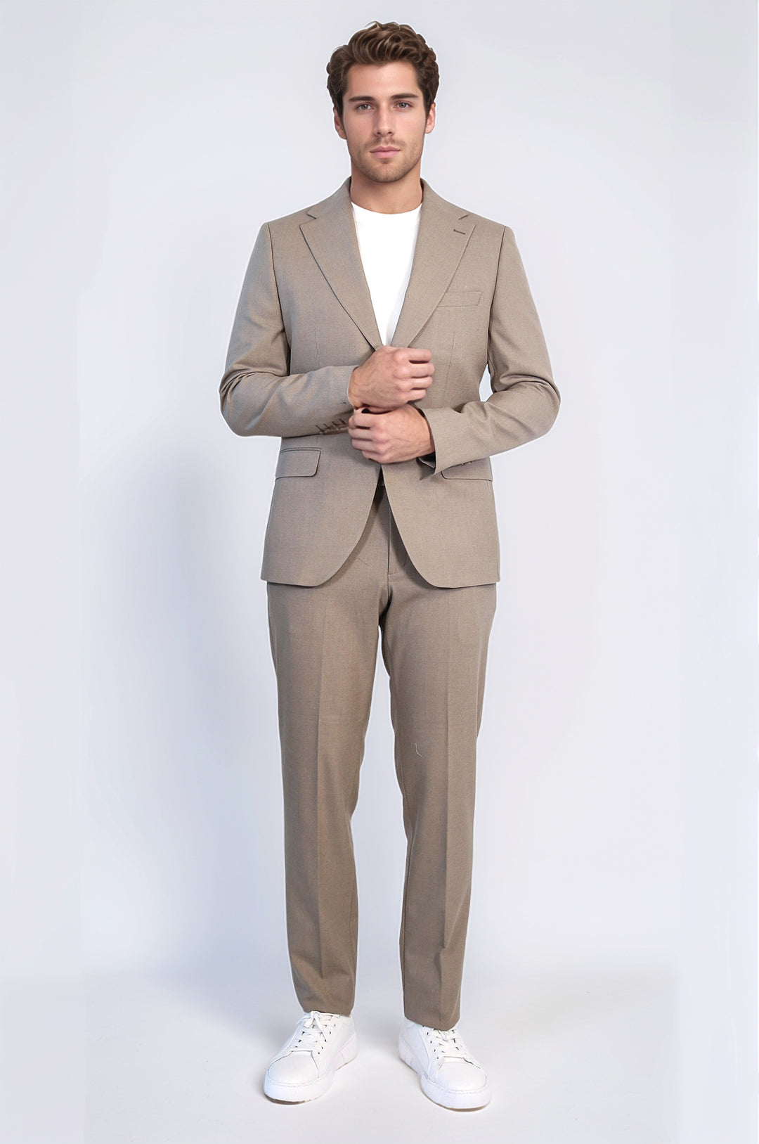 Taupe Slim Fit Two-Button Linen Men’s Suit - Wessi