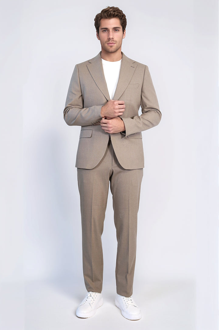 Taupe Slim Fit Two-Button Linen Men’s Suit - Wessi