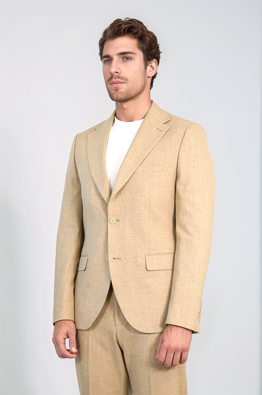 Sand Beige Slim Fit Two-Button Linen Men’s Suit - Wessi