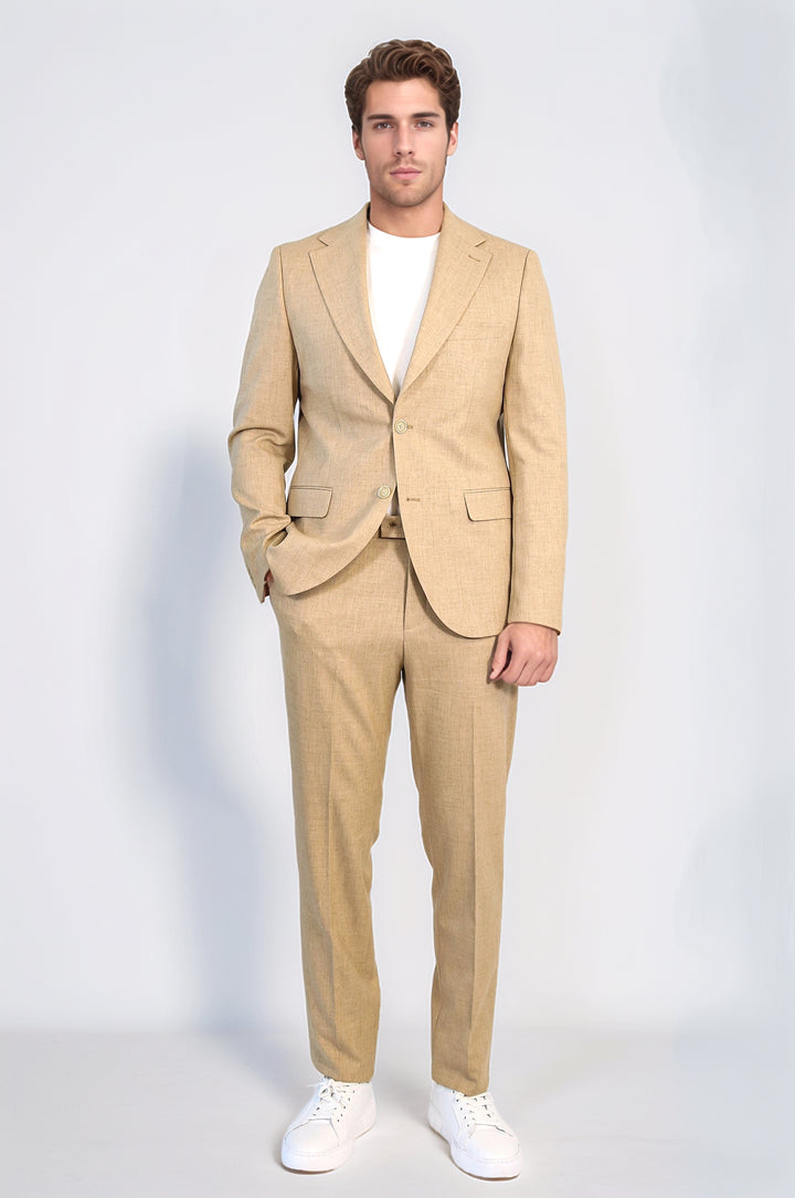 Sand Beige Slim Fit Two-Button Linen Men’s Suit - Wessi