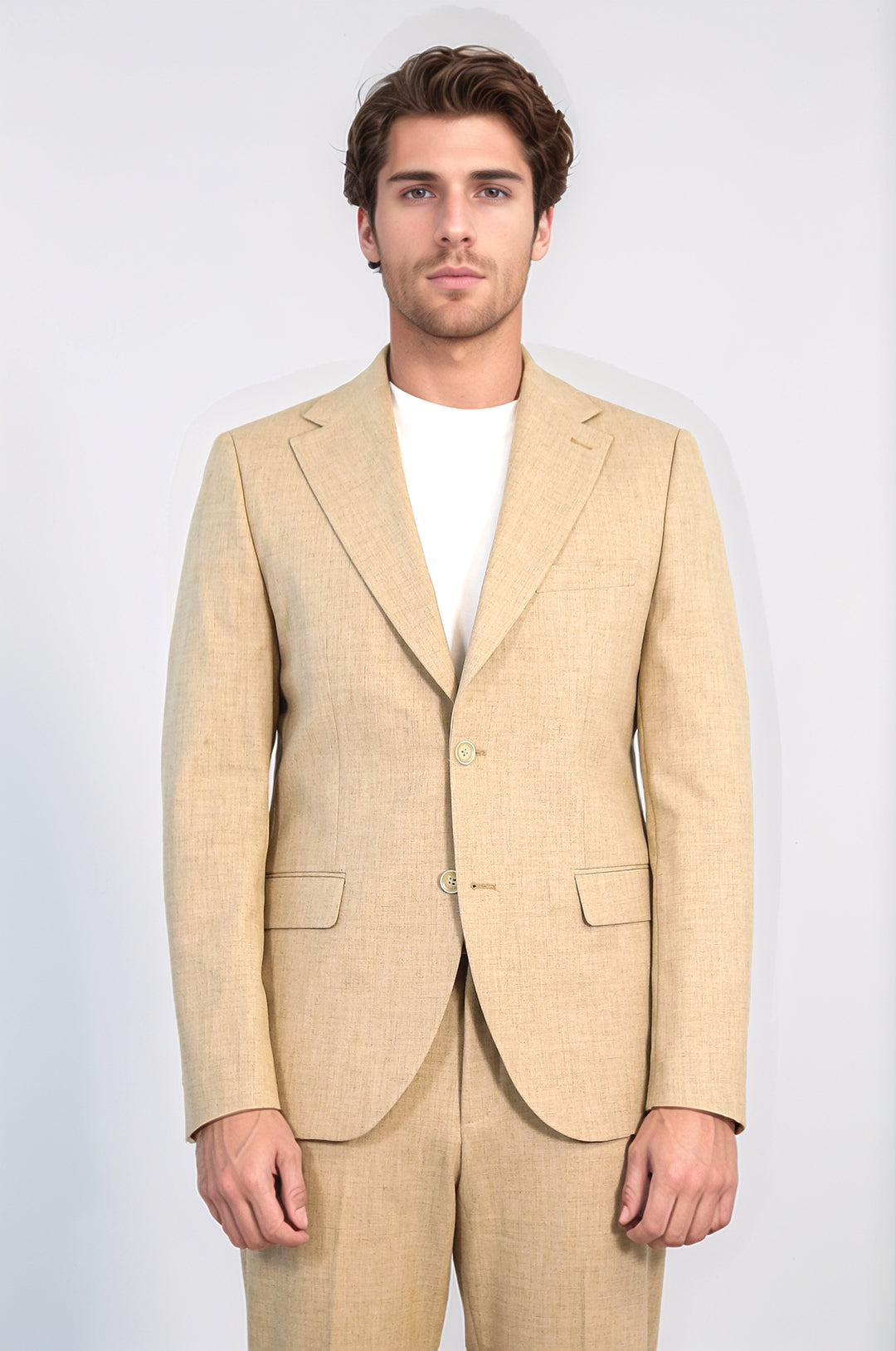 Sand Beige Slim Fit Two-Button Linen Men’s Suit - Wessi