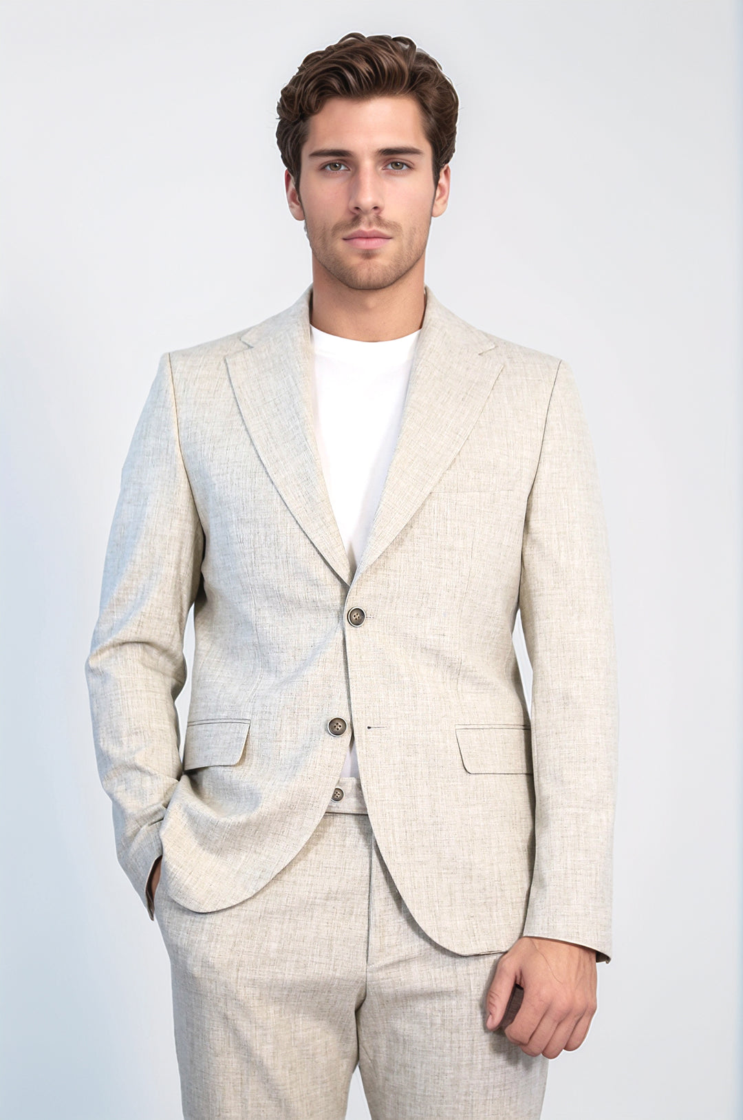 Stone Slim Fit Two-Button Linen Men’s Suit - Wessi