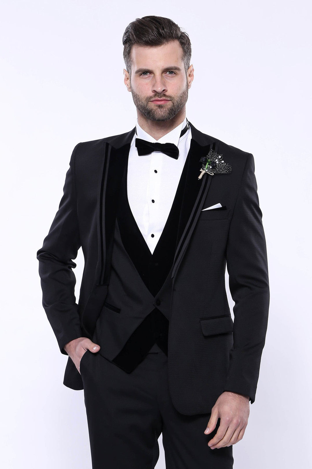 Velvet Collar Patterned Black Tuxedo | Wessi