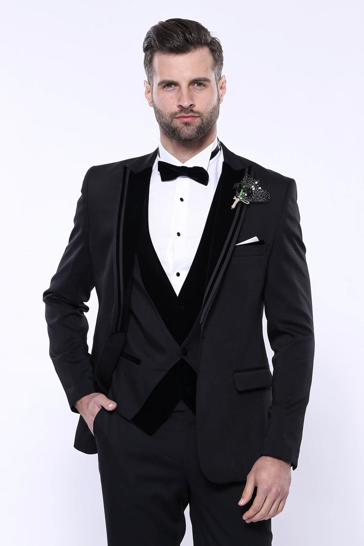 Velvet Collar Patterned Black Tuxedo | Wessi