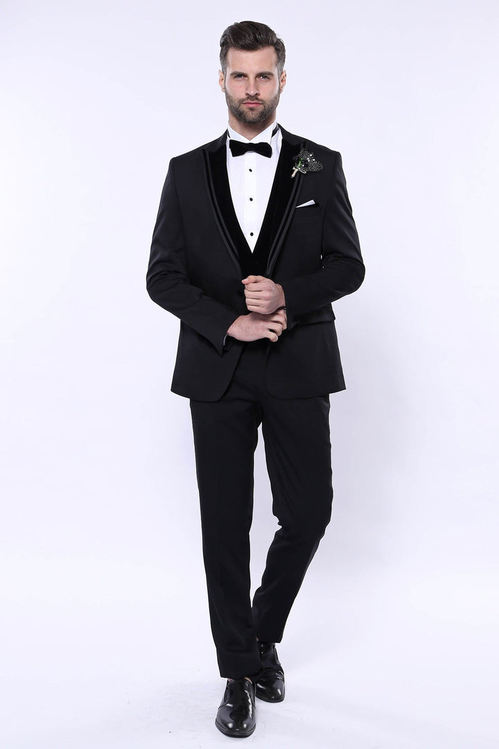 Velvet Collar Patterned Black Tuxedo | Wessi