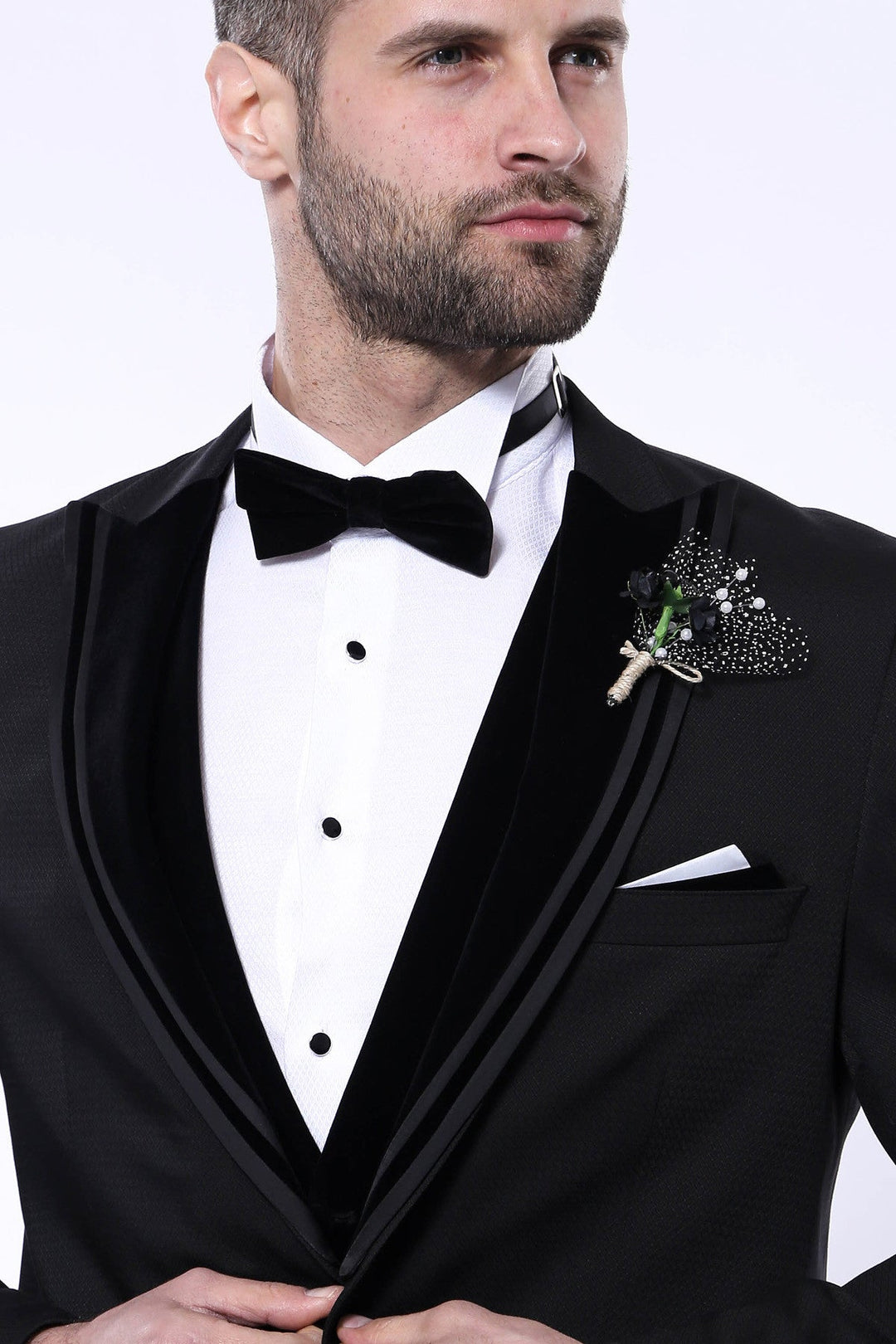 Velvet Collar Patterned Black Tuxedo | Wessi