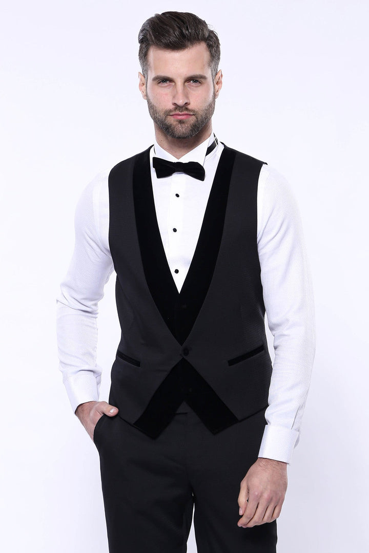 Velvet Collar Patterned Black Tuxedo | Wessi