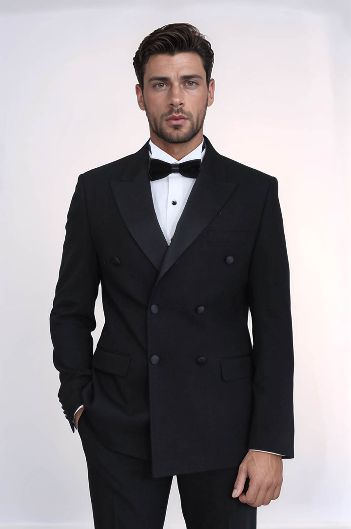 Slim Fit Double-Breasted Black Tuxedo Suit with Satin Lapel – Wessi