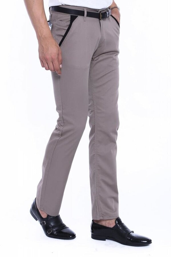 Trimmed Pockets Plain Slim Fit Beige Men Pants - Wessi