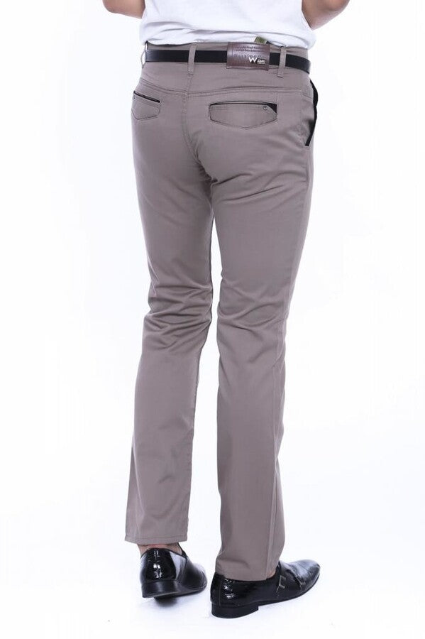 Trimmed Pockets Plain Slim Fit Beige Men Pants - Wessi