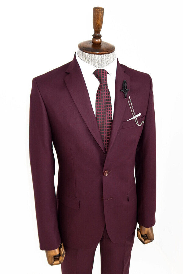 Two Buttons Two Piece Burgundy Men Suit - Wessi