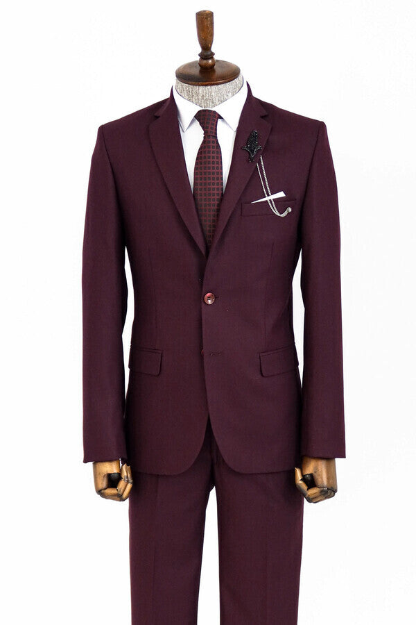 Two Buttons Two Piece Burgundy Men Suit - Wessi