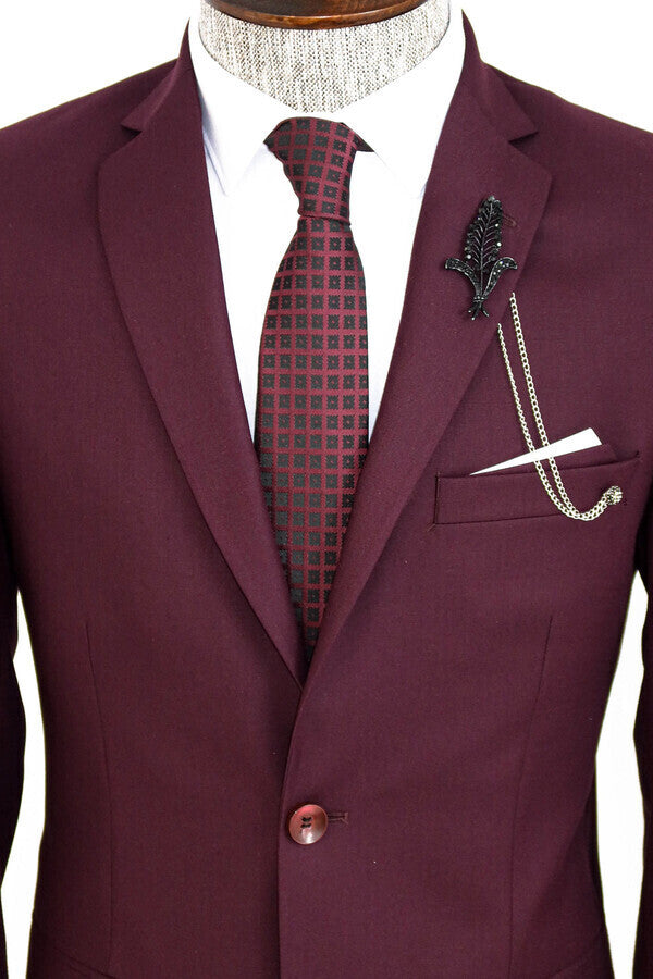 Two Buttons Two Piece Burgundy Men Suit - Wessi