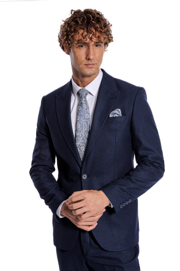 Two Piece Patterned Navy Blue Men Suit - Wessi