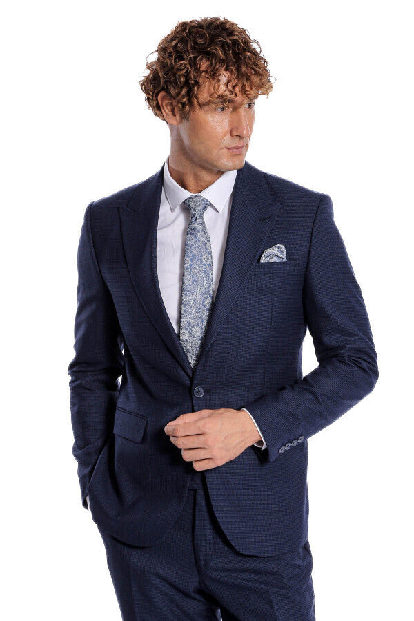 Two Piece Patterned Navy Blue Men Suit - Wessi