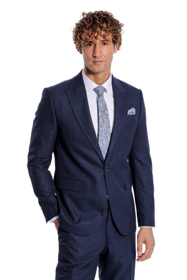 Two Piece Patterned Navy Blue Men Suit - Wessi