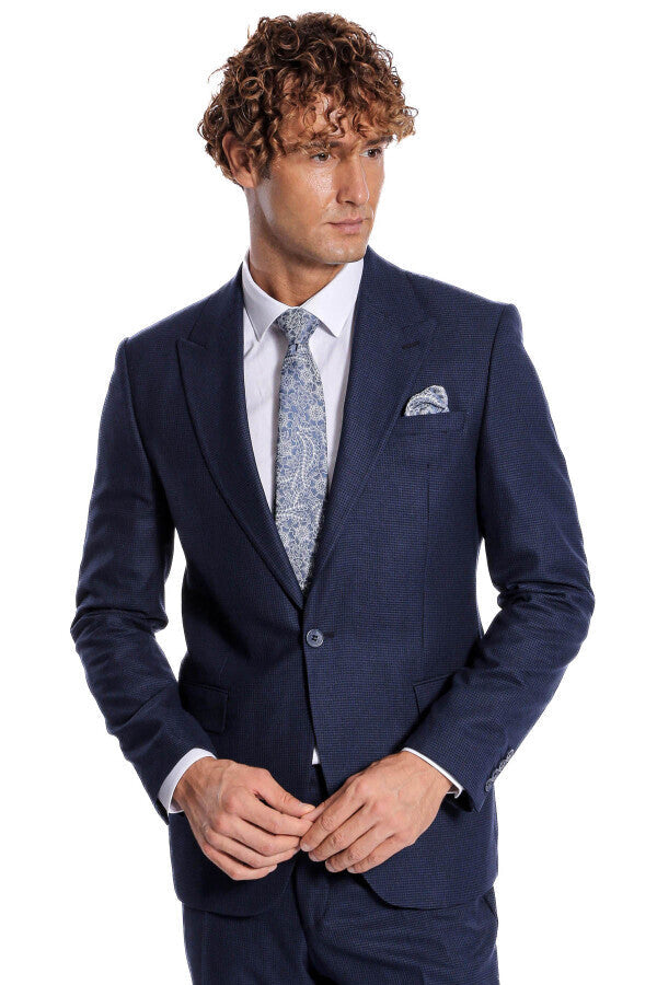 Two Piece Patterned Navy Blue Men Suit - Wessi