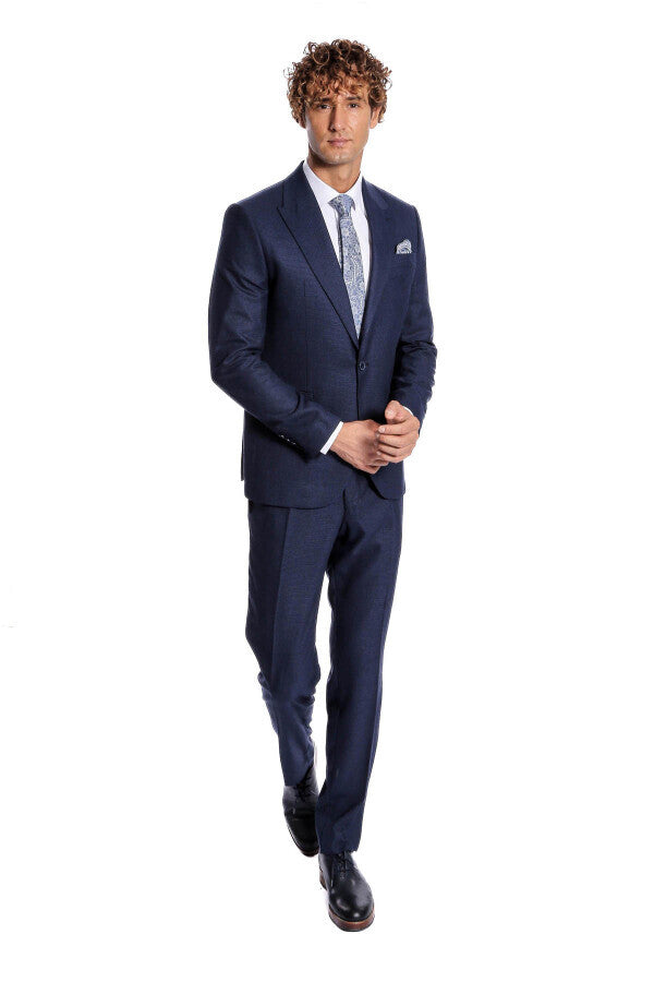 Two Piece Patterned Navy Blue Men Suit - Wessi