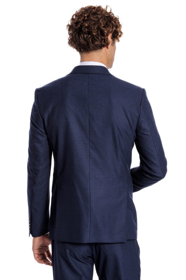 Two Piece Patterned Navy Blue Men Suit - Wessi