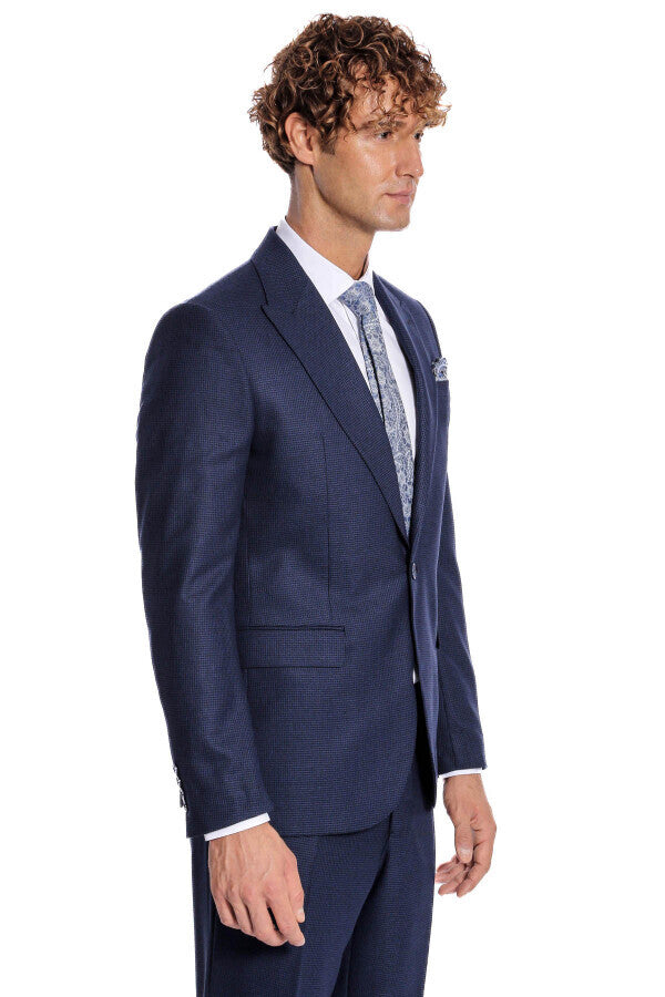 Two Piece Patterned Navy Blue Men Suit - Wessi