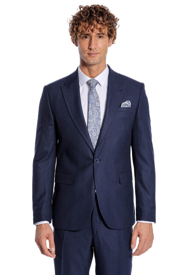 Two Piece Patterned Navy Blue Men Suit - Wessi